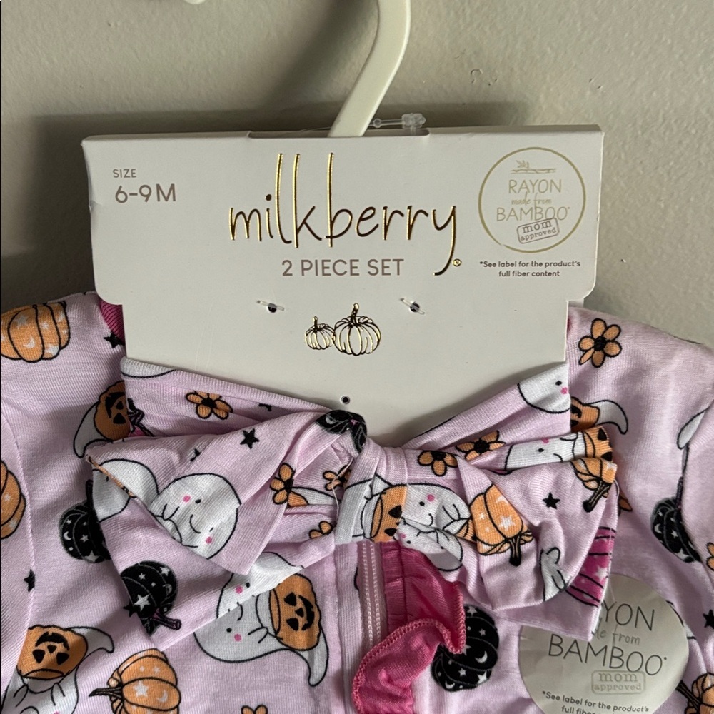 Milkberry Baby Girl Bamboo Halloween Set 6-9 Months with Bow headband - Picture 2 of 5